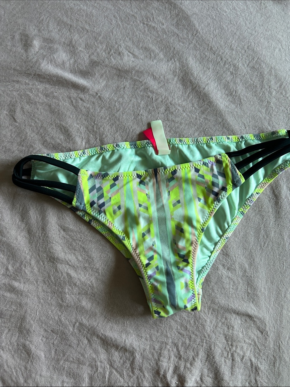 Victoria's Secret Mint Green Geometric Bikini Bottom with Black Strap Detail